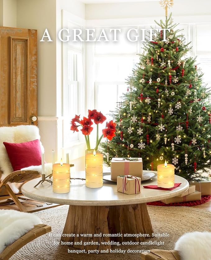 Da by Flameless Candles with String Lights, Battery Operated Candles with Remote and Timer, LED Pillar Candle Real Wax,3 Pack-Ivory White