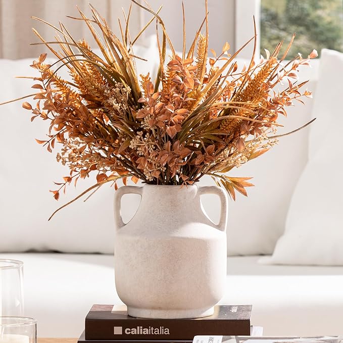 Mitt&Ditt Ceramic Flower Vase with Handles, 8 inch Tall Off-White Vase, Decorative Terracotta Vases, Farmhouse Rustic Pottery Vases for Home Decor, Living Room, Table