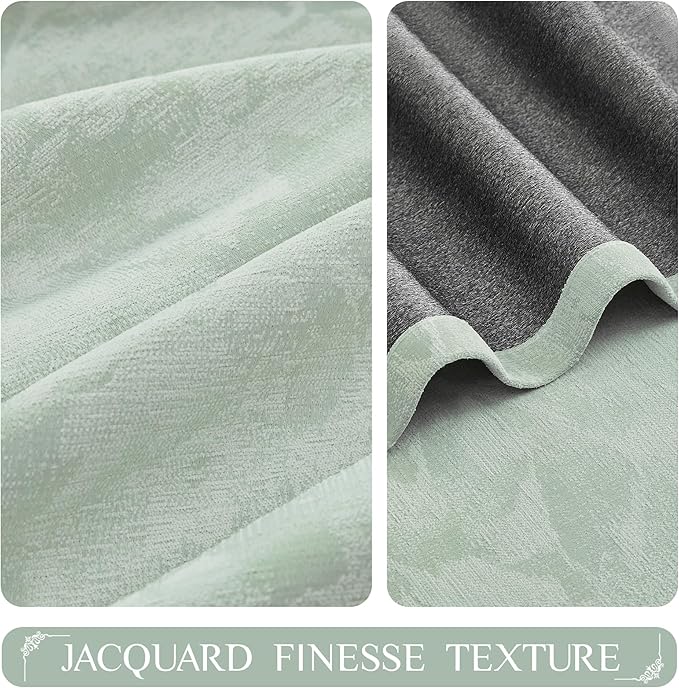 Beauoop Green Floral Jacquard Blackout Curtains 84 Inches Long 2 Panels for Bedroom Living Room Sage Flower Chenille Room Darkening Thermal Insulated Soundproof Grommet Window Treatments Drapes, 52x84