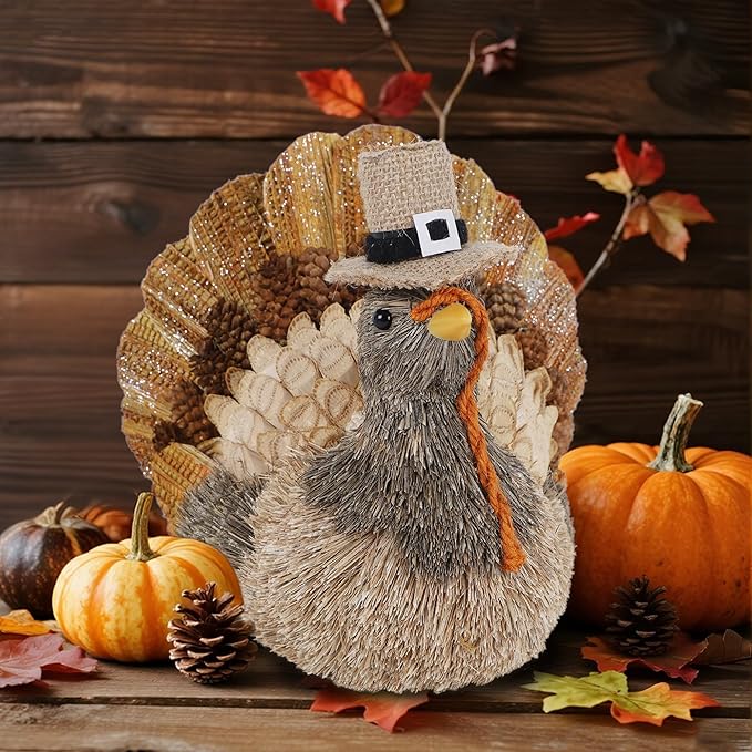 winemana Thanksgiving Turkey Decor – 7.9" Tall Sisal Turkeys Table Centerpiece with Top Hat, Fall & Harvest Home Decor, Thanksgiving Decorations Indoor