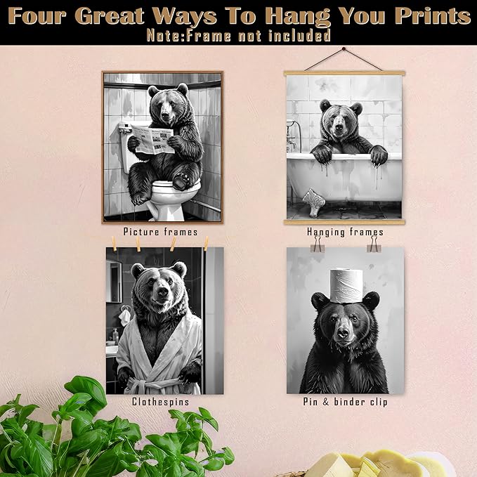 FITIE Funny Black Bear Bathroom Wall Art Posters Set of 4, Bear Bathroom Decor, Humorous Wild Animal Bathing Toilet Canvas Prints Artwork Wall Decor for Bath Room Washroom, 8x10 Unframed