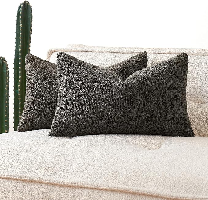MIULEE 12x20 Inch Decorative Lumbar Throw Pillows for Bed Set of 2 Textured Boucle Neutral Throw Pillow Covers Dark Coffee Accent Solid Pillowcase Cozy Soft Sofa Livingroom Home Decor