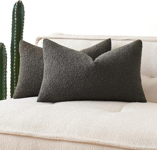 MIULEE 12x20 Inch Decorative Lumbar Throw Pillows for Bed Set of 2 Textured Boucle Neutral Throw Pillow Covers Dark Coffee Accent Solid Pillowcase Cozy Soft Sofa Livingroom Home Decor