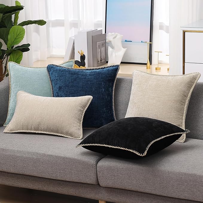 decorUhome Chenille Soft Throw Pillow Covers 16x16 Set of 2, Farmhouse Velvet Neutral Decorative Euro Pillow Covers with Stitched Edge for Couch Sofa Bed Home Decor, Black