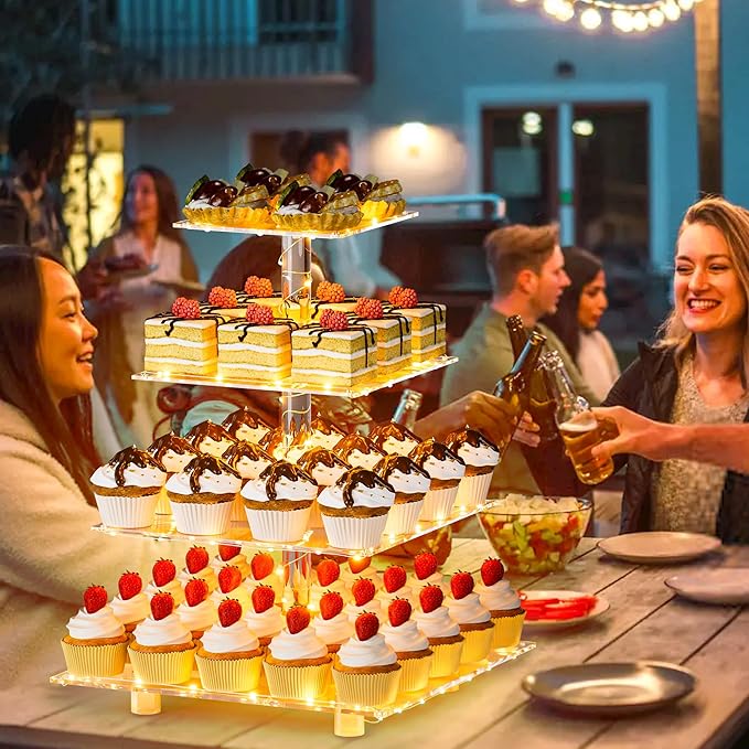 YestBuy 4 Tier Cupcake Stand Acrylic Tower Display with LED Light Premium Holder Dessert Tree Tower for Birthday Cady Bar Décor Weddings, Parties Events (Yellow Light)