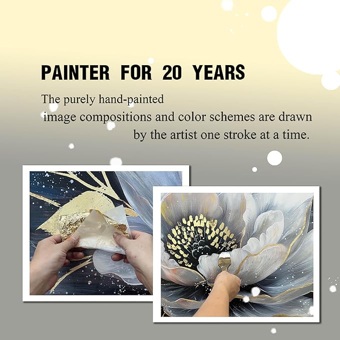 Gold and White Flower Canvas Wall Art for Living Room - Modern Hand Painted Flower Painting - Black Framed Wall Art for Bedroom Size 29" x 59"