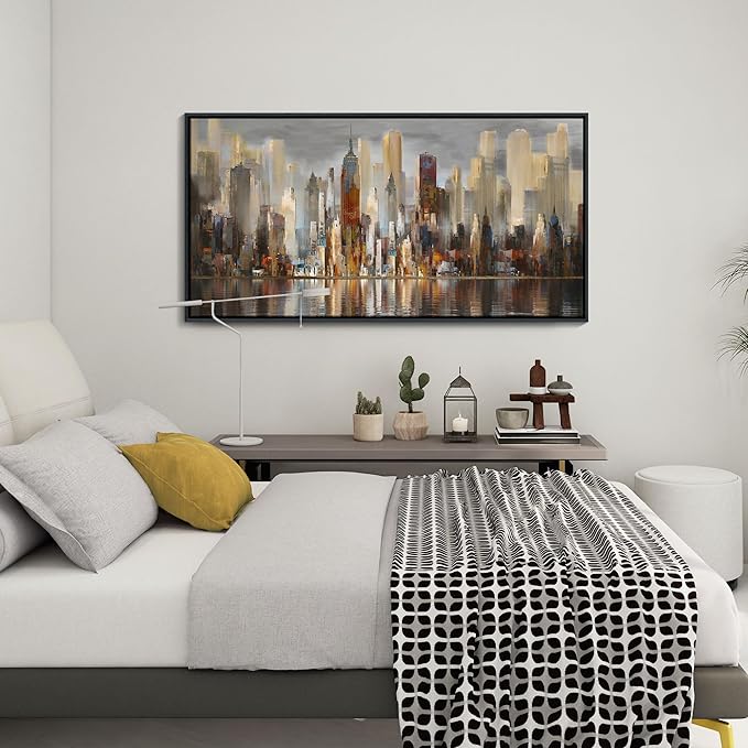 Abstract Brown New York City canvas Wall Art Framed Large Wall Art for Living Room Modern Paintings for Bedroom Cityscape New York Wall Decor Artwork Wall Pictures for Office and Bedroom 24×48in