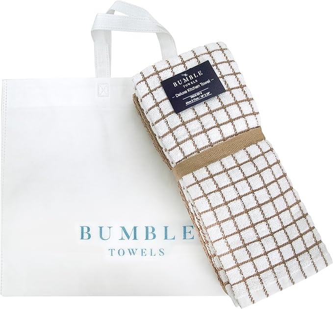 Bumble Kitchen Towels | 100% Cotton Dish Towels with Hanging Loop | 16"x 28" | 380GSM | Absorbent Kitchen Towel Set | 6 Pack, Tan
