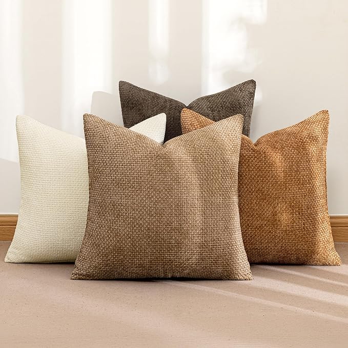 MIULEE Pack of 4 Brown Couch Throw Pillow Covers 20x20 Inch Soft Fall Decorative Chenille Pillows Farmhouse Accent Cushions for Boho Home Decor Spring Sofa Bedroom Living Room