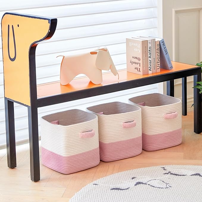 Storage Cube Baskets for Organizing 11 inch-3 Pack- Square Baskets for Cube Storage, Closet Storage Bins - Woven Cube Storage Bins for Shelves- Cube Drawer- Ideal for Toy Storage White & Pink