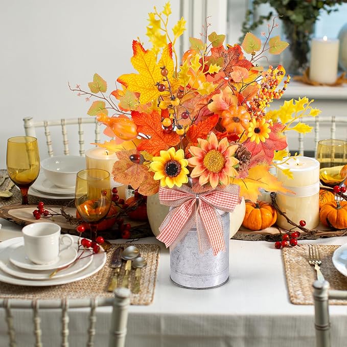 15.7" H Fall Table Decor Centerpiece Rustic Metal Vase with Artificial Pumpkin Pinecone Sunflower Berry Maple Leaf Autumn Harvest Floral Arrangement Decoration for Home Kitchen Autumn Thanksgiving