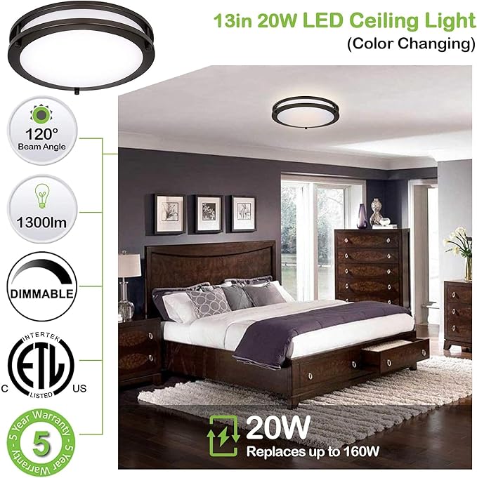 13 inch Flush Mount LED Ceiling Light Fixture, 2700K/3000K/3500K/4000K/5000K Adjustable Ceiling Lights, Oil Rubbed Bronze Saturn Dimmable Lighting for Hallway Bathroom Kitchen or Stairwell, ETL Listed
