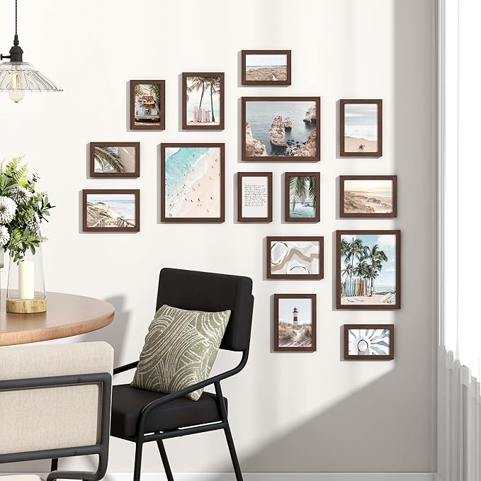 15 Pack Picture Frames Collage Wall Decor, Gallery Frame Set for Wall Mounting or Tabletop Display, Multi Sizes Including 3pcs 8x10, 6pcs 5x7, 6pcs 4x6, Walnut