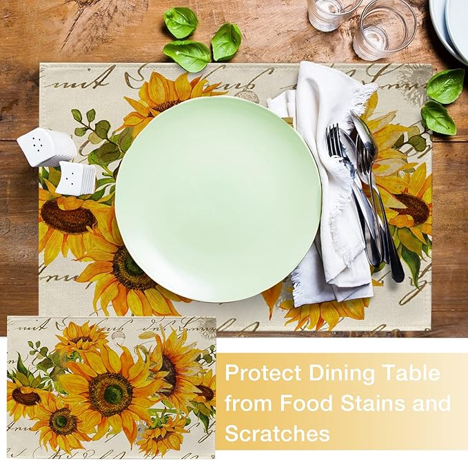 Seliem Fall Sunflower Placemats Set of 4, Spring Summer Yellow Floral Flowers Rustic Vintage Dining Table Place Mats, Eucalyptus Leaves Seasonal Kitchen Decor Home Decoration 12 x 18 Inch