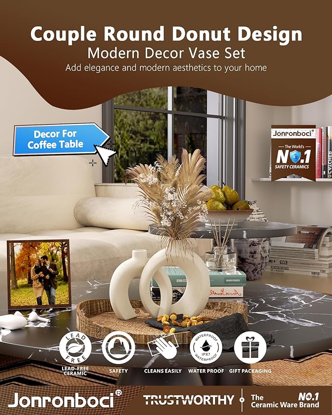 Beige Donut Vases for Decor, Set of 2 Modern Boho Decorative Ceramic Vase 7.2”x 8.9”H - Dining & Coffee Table Centerpiece - Bookshelf Entryway Console Fireplace Mantle Decorations (Matte Cream White)