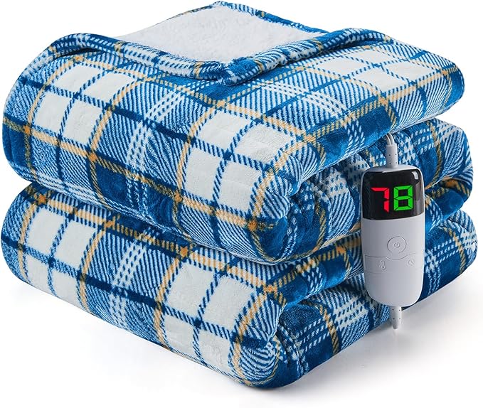 Heated Blanket Electric Full Size 72X84, Heating Throw with 10 Heating Levels/8 Hours Auto Off, Navy Blue Plaid Checkered Sherpa Blanket Warmer for Adults, Washable Gift for Couch Bed Office