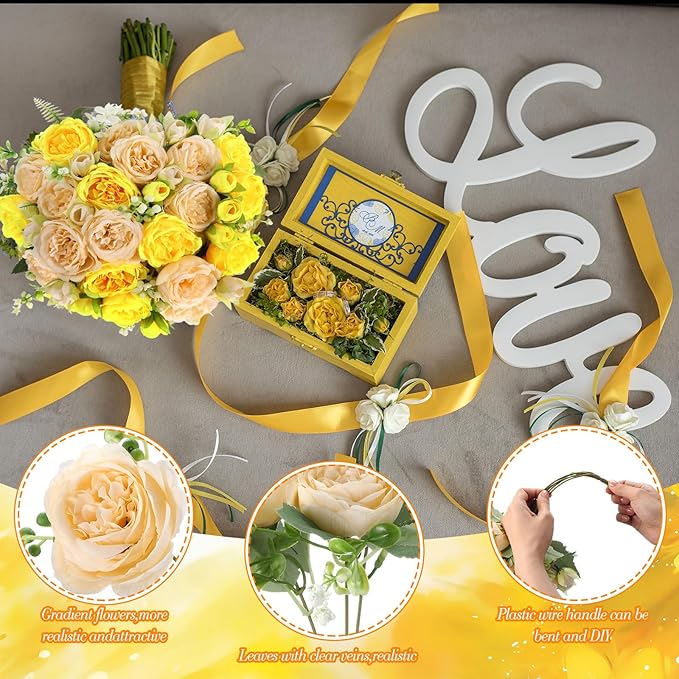 Geosar 16 Bundles Artificial Peonies Flowers Fake Silk Peony Bouquet Faux Peonies Flowers Bulk for Decoration Vase Florals Arrangements Wedding Party Table (Yellow,Champagne)