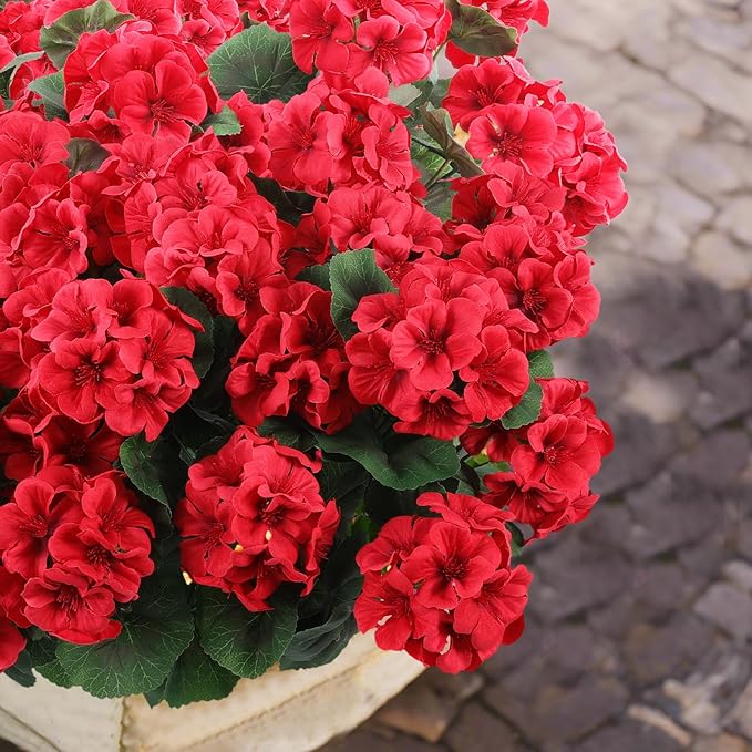 Hananona 6 Bundles Artificial Geranium Flowers for Outdoors Silk Geranium Flowers Outdoor UV Resistant Garden Plants Faux Flower for Home Kitchen Table Centerpieces Decor (6, Red)