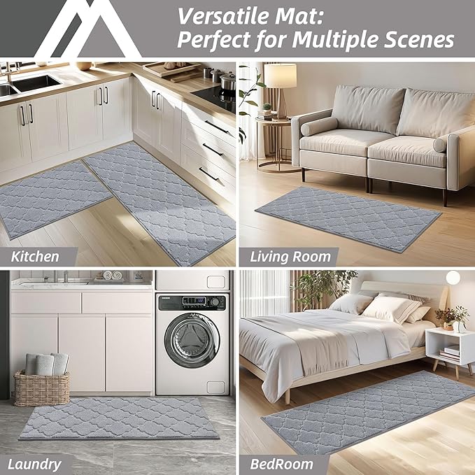 COSY HOMEER Soft Kitchen Rugs [2 PCS] for in Front of Sink Super Absorbent Kitchen Floor Mats and Mats 20x30 Inch/20X48 Non-Skid Kitchen Mat Standing Mat Washable,Polyester,Grey