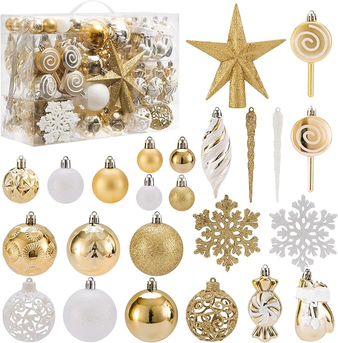 130 Pcs Christmas Ball Ornaments, Christmas Tree Decoration Set Golden Christmas Ball Shatterproof Hanging Ornament Decorations for Christmas Tree, Wreaths, and Outdoor Displays (Golden)