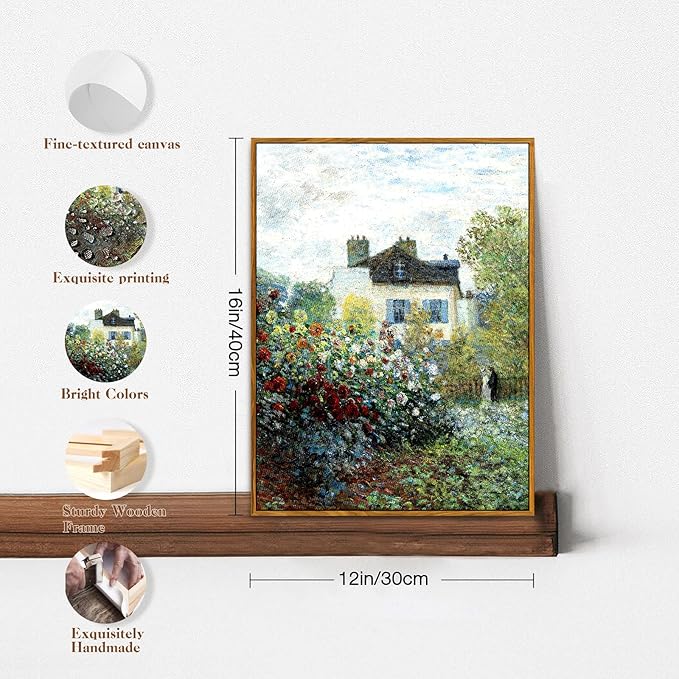 crmotu Vintage Framed Wall Art, Cottage Rose Garden Landscape Painting, French Country Floral Pictures Canvas Prints, Retro Rustic Farmhouse Wall Decor Living Room Bedroom Kitchen Artwork 12x16in