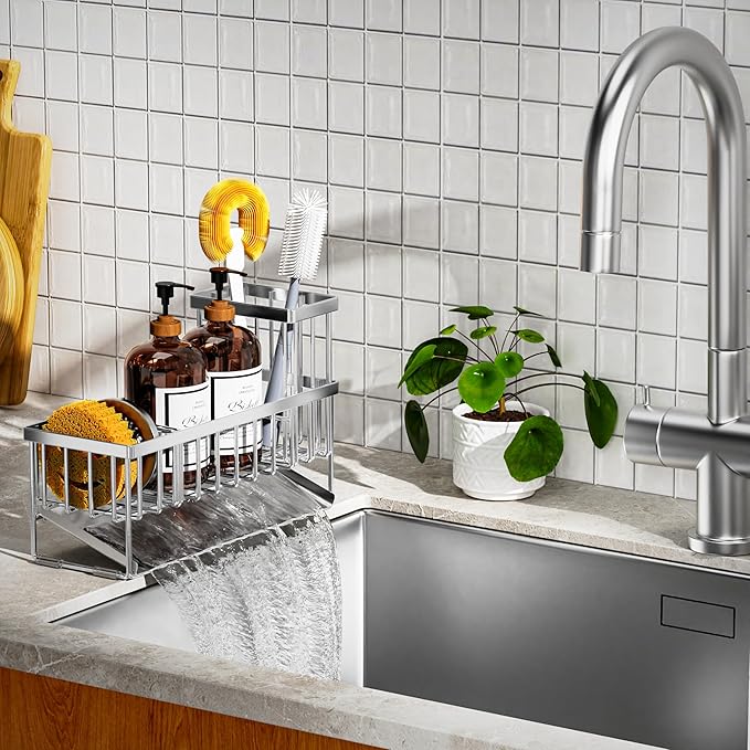 Cisily Extra Large Silver Kitchen Sink Caddy Organzier with High Brush Holder, Sponge Holder for Sink, 304 Rustproof Stainless, Kitchen Countertop Soap Dispenser Organizer For Decor and Accessories