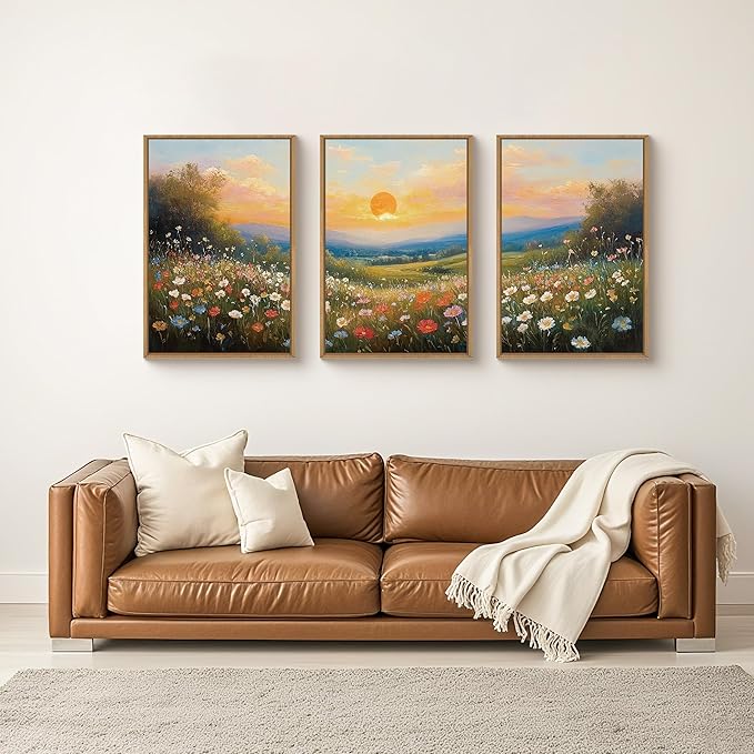 HOURIA Boho Sunrise Wildflower Framed Canvas Wall Art Set,Watercolour Nature Inspired Landscape Wall Decor,Colorful Floral Scenery Artwork,Modern Art Prints for Living Room,Bedroom,Farmhouse-16"x24"x3