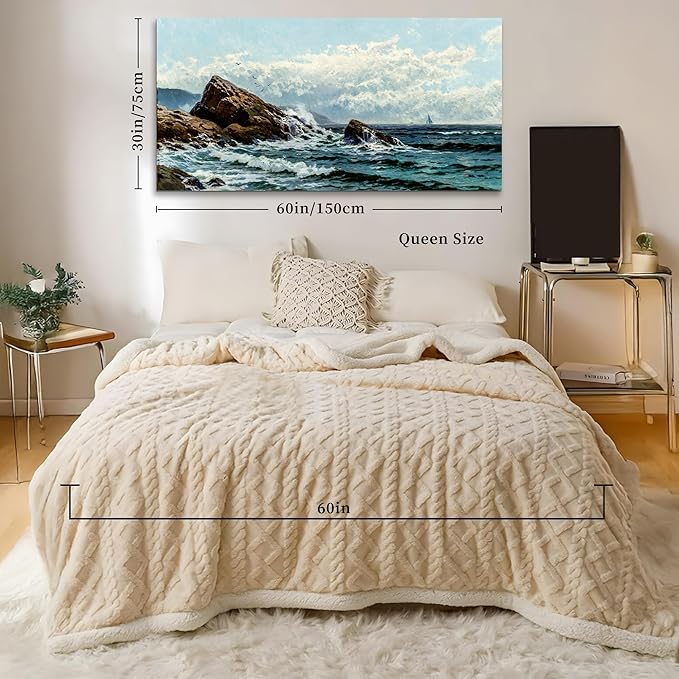 crmotu Large Wall Art for Living Room, Coastal Landscape Retro Canvas Painting, Ocean Waves Vintage Decor Art Prints, Blue Nautical Scenery Bedroom Bathroom Home Office Pictures Wall Decor 30"X60"