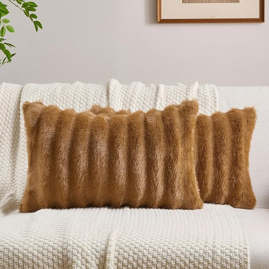 FUTEI Camel Decorative Throw Pillow Covers 12x20 Inch Set of 2,Soft Fluffy Faux Mink Fur Dyeing Striped Textured Lumbar Pillow Case,Modern Home Decor for Couch Bed Living Room