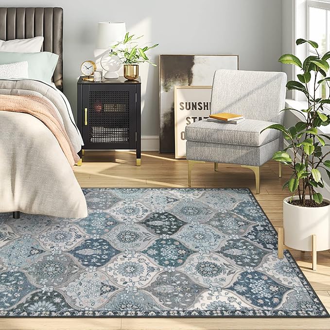 Lahome Moroccan Machine Washable Area Rugs, 4x6 Rug for Living Room Bedroom, Soft Non-Slip Rug Vintage Trellis Ultra-Thin Throw Carpet for Dining Room Office, Blue