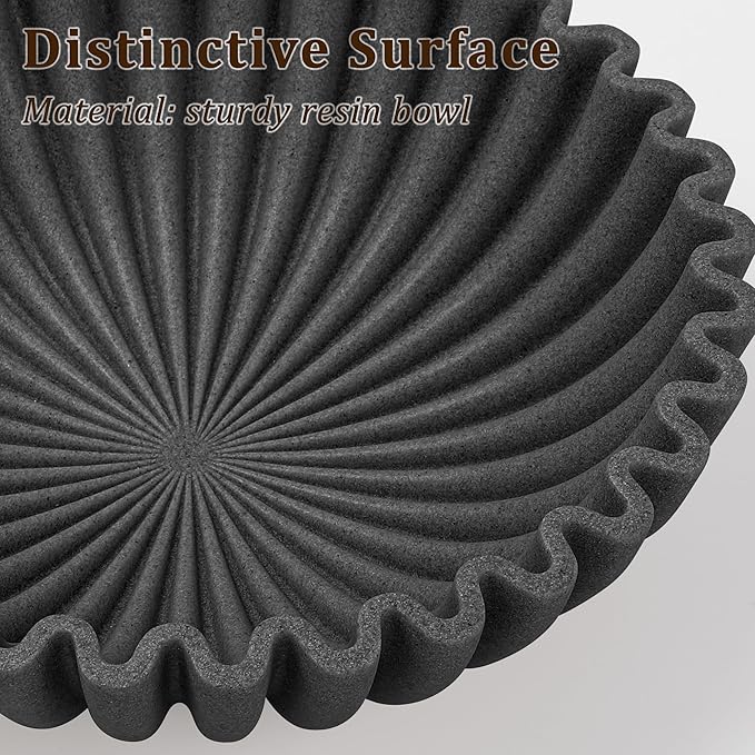 Ruffle Decorative Bowl, Large Fruit Bowl for Kitchen Counter, Stylish Key Bowl for Entry Table, Handcrafted Home Decor Display bowl, Artificial Stone Black