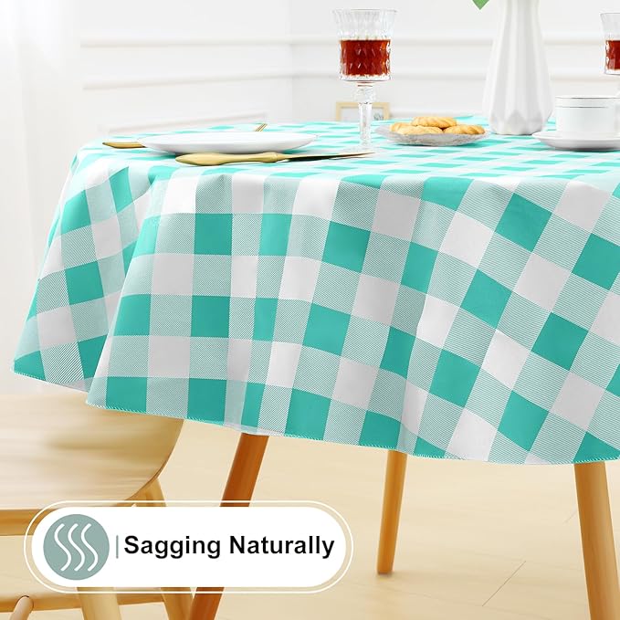 misaya Round Waterproof Vinyl Table Cloth, Buffalo Flannel Backed Tablecloth, Wipeable Plastic Table Cover for Dinner, Kitchen, Picnic (60", Teal and White)