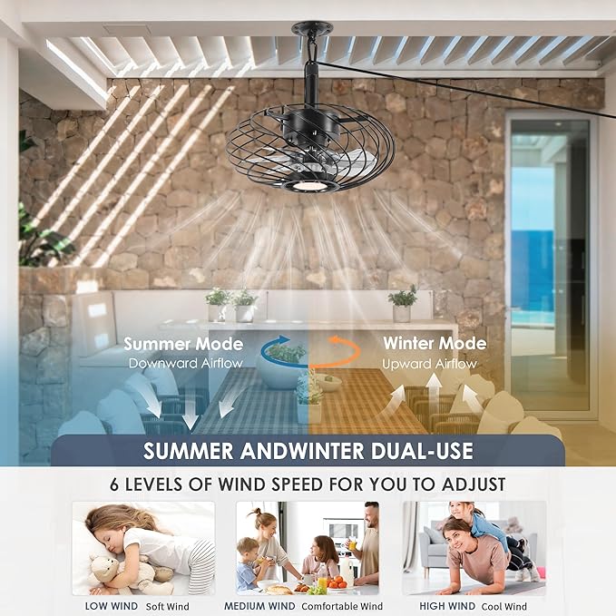 15" Outdoor Ceiling Fan with Light, Waterproof Gazebo Fan Remote Control, Dimmable LED Light, Hanging Black Caged Ceiling Fixtures with Plug in Cord for Patios Pergola
