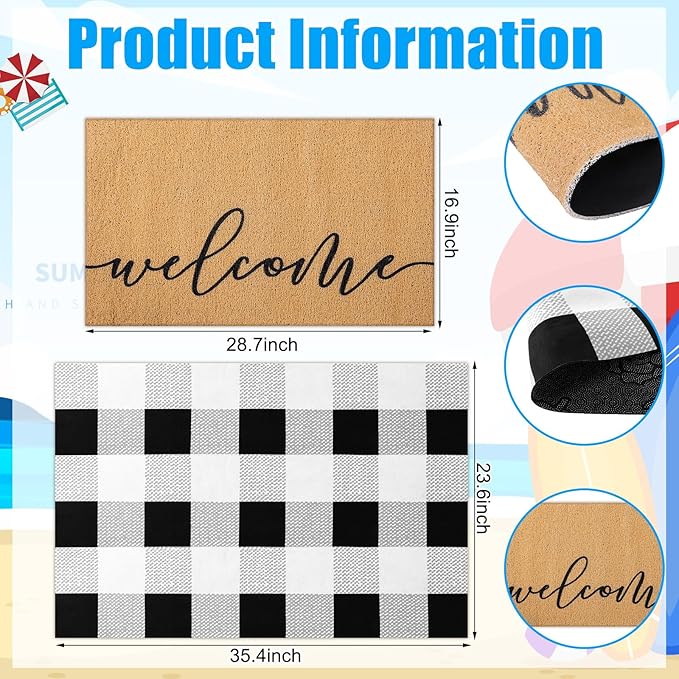 2 Pcs Door Mat Welcome Non Slip Coir Mats Black White Buffalo Plaid Checked Floor Layering Doormats Seasonal for Front Porch Entryway Decor(Welcome)