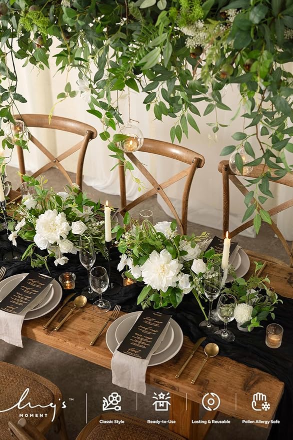 Ling's moment 14Ft Black Cheesecloth Table Runner Boho Chic Gauze Semi-Sheer Halloween Tablecloth for Wedding Celebrations for Baby Shower Decorations