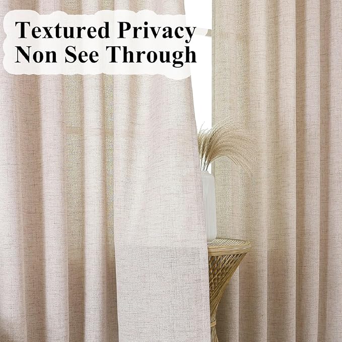 Dark Oatmeal Thick Linen Semi Sheer Pinch Pleated Curtains 90 Inches Long, 50 Inches Width, Farmhouse Light Filtering Drapes Set of 2, Window Curtain with Hooks