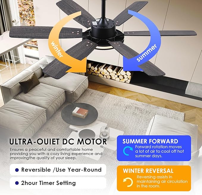 Ceiling Fans with Light, 52in Flush Mount Ceiling Fan with Light and Remote/App Control,Low Profile,Super Brigt LED,3CCT,Dimmable,Quiet DC Motor for Bedroom Kitchen Black