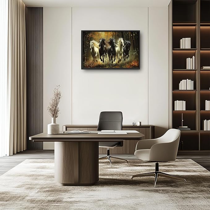 Olivine Horse Wall Art, Running Horses Pictures Wall Decor, Black And White Horse Paintings, Forest Landscape Canvas Prints, Framed Artwork for Bathroom Bedroom Living Room Office Home 36"x24"