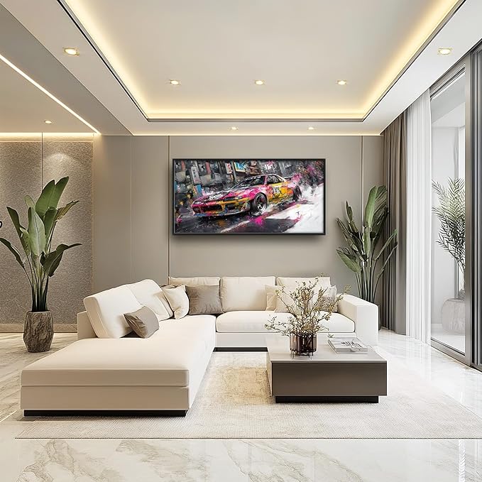 Flintis Large Japanese Graffiti Car Framed Wall Art Racing Car Pictures Wall Decor Abstract Street Racing Canvas Painting Print Artworks Framed for Living Room Bathroom Master Bedroom 60L X 30W