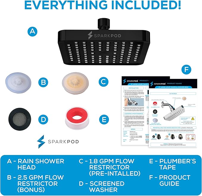 SparkPod Shower Head - High Pressure Rain - Premium Quality Luxury Design - 1-Min Install - Easy Clean Adjustable Replacement for Your Bathroom Shower Heads (Midnight Black Matte, 6 Inch Square)