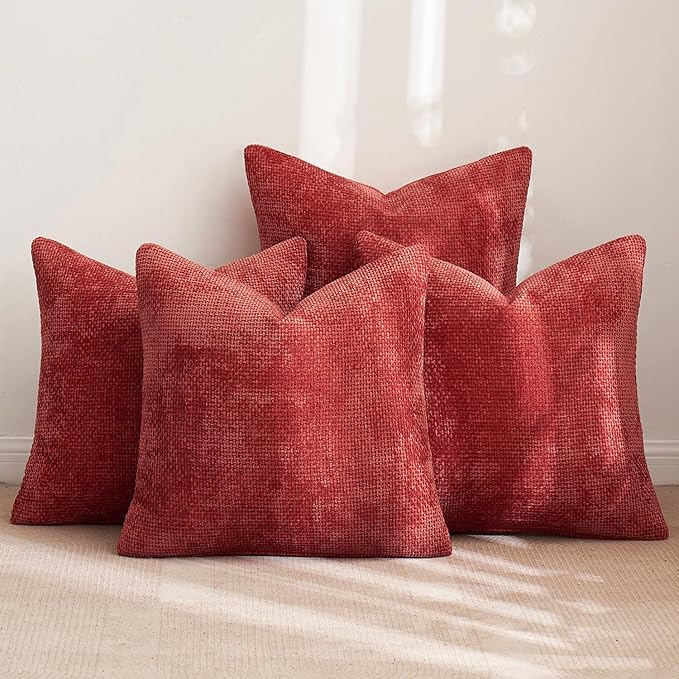MIULEE Christmas Red Pack of 4 Couch Throw Pillow Covers 16x16 Inch Soft Decorative Chenille Pillow Covers Farmhouse Accent Cushion Covers for Boho Home Decor Sofa Bedroom Living Room