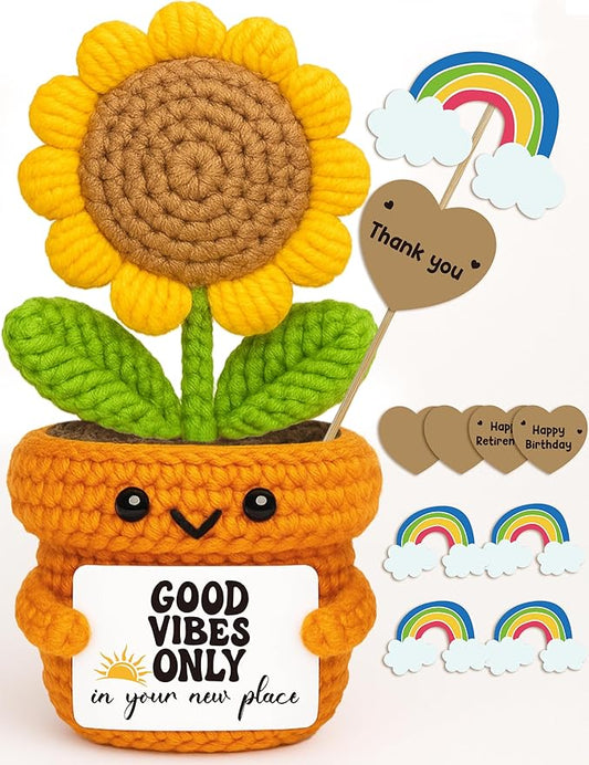 Crochet Sunflower Housewarming Gift – Good Vibes Only in Your New Place – Positive Affirmation Plush for Friend, Coworker, Roommate, New Home or Office Decor
