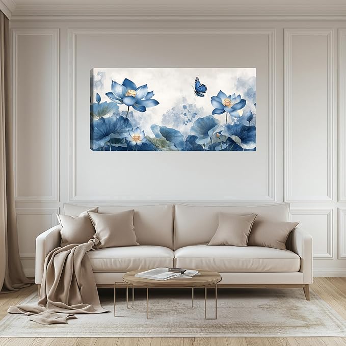 Zen Canvas Wall Art Large Blue Lotus Aesthetic Pictures Wall Decor for Yoga Meditation Room Bedroom Living Room Office Decor Poster Prints Painting Framed Artwork 60L x 30W
