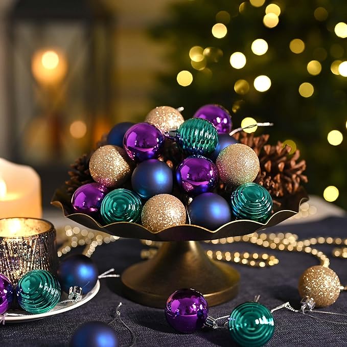 Valery Madelyn 1.57 Inches Small Christmas Tree Decorations Ornament Set for 4th of July Fall Halloween, 24ct Peacock Purple Blue Shatterproof Hanging Ball Ornaments Holiday Party Decor