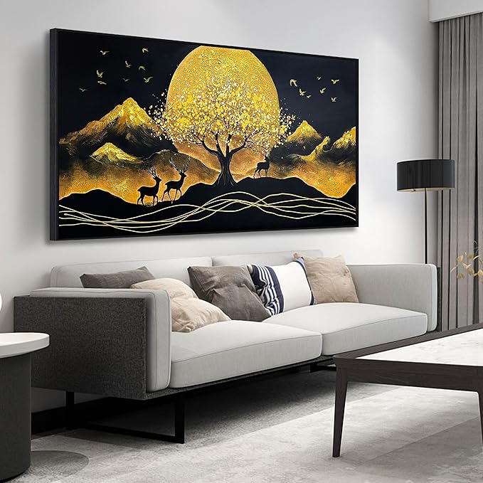 CIRABKY Moon Hand Painted Wall Art for Bedroom - Tree Black and Gold Canvas Wall Decor for Living Room Large Size - Black Frames Artwork Size 29" x 59"