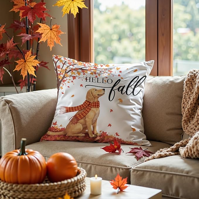 Hello Fall Dog Pillow Covers 18x18, Farmhouse Autumn Decor,Fall Autumn Maple Leaves Decorative Throw Pillow Covers for Home Bedroom Living Room,Dog Lover Gifts