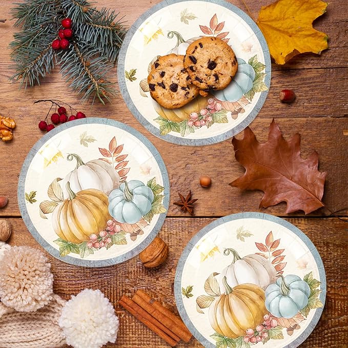 50PCS Fall Pumpkins Paper Plates - 7Inch Autumn Theme Dessert Plate for Cake Salad Pizza Pumpkin Maple Leaf Tableware Set Disposable Decoration Supplies for Autumn, Thanksgiving Party