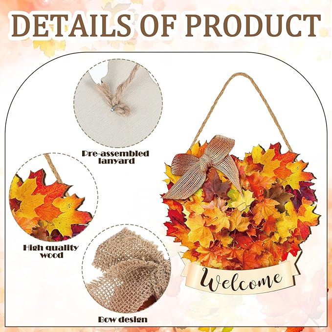 Boao Fall Welcome Door Sign Maple Leaves Hanging Decor Thanksgiving Wooden Sign Autumn Decorations Pumpkin Maple Leaves Wood Hanger for Outdoor Farmhouse Front Porch