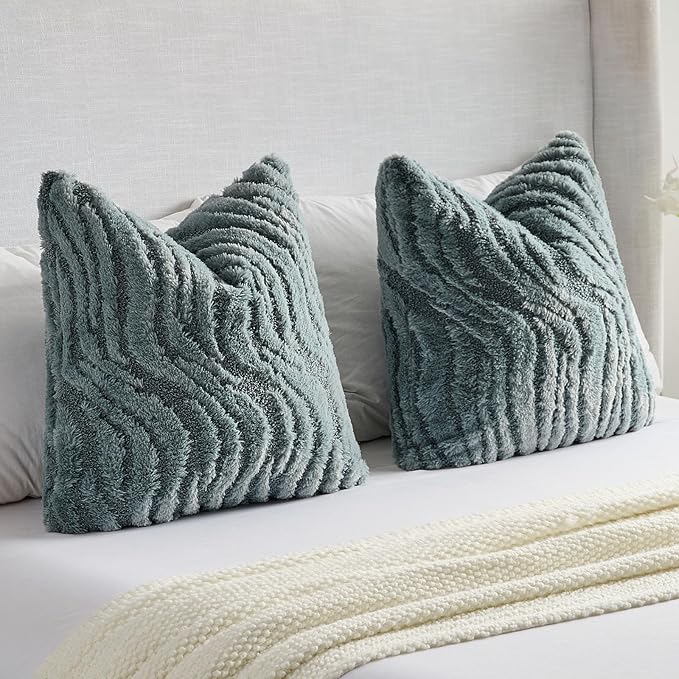 FUTEI Blue Decorative Throw Pillow Covers 24x24 Inch Set of 2,Soft Faux Fur Geometric Shapes Texture European Cushion Case,Boho Home Decor for Couch Bed Living Room