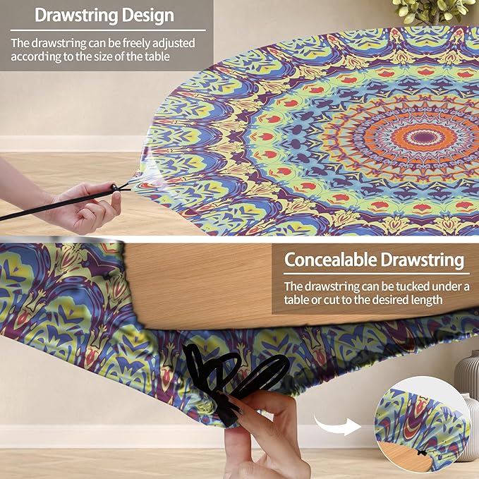 Fitted Mandala Round Tablecloth Waterproof Patio Table Cloths for 45-54" Tables Travel Vacation Camper Accessories Outdoor Road Trip Must Haves New Home Living Room House Decorations